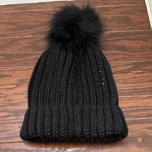 Buckle Black Knit Beanie with Pom NWT